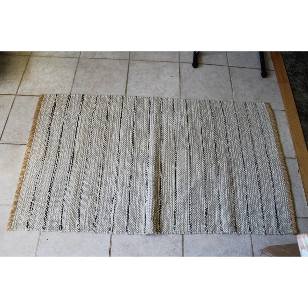 4.5 x 2.5 Ft. Rug Handmade Dhurrie Wool & Jute Mat Grey & Beige Carpet Woven